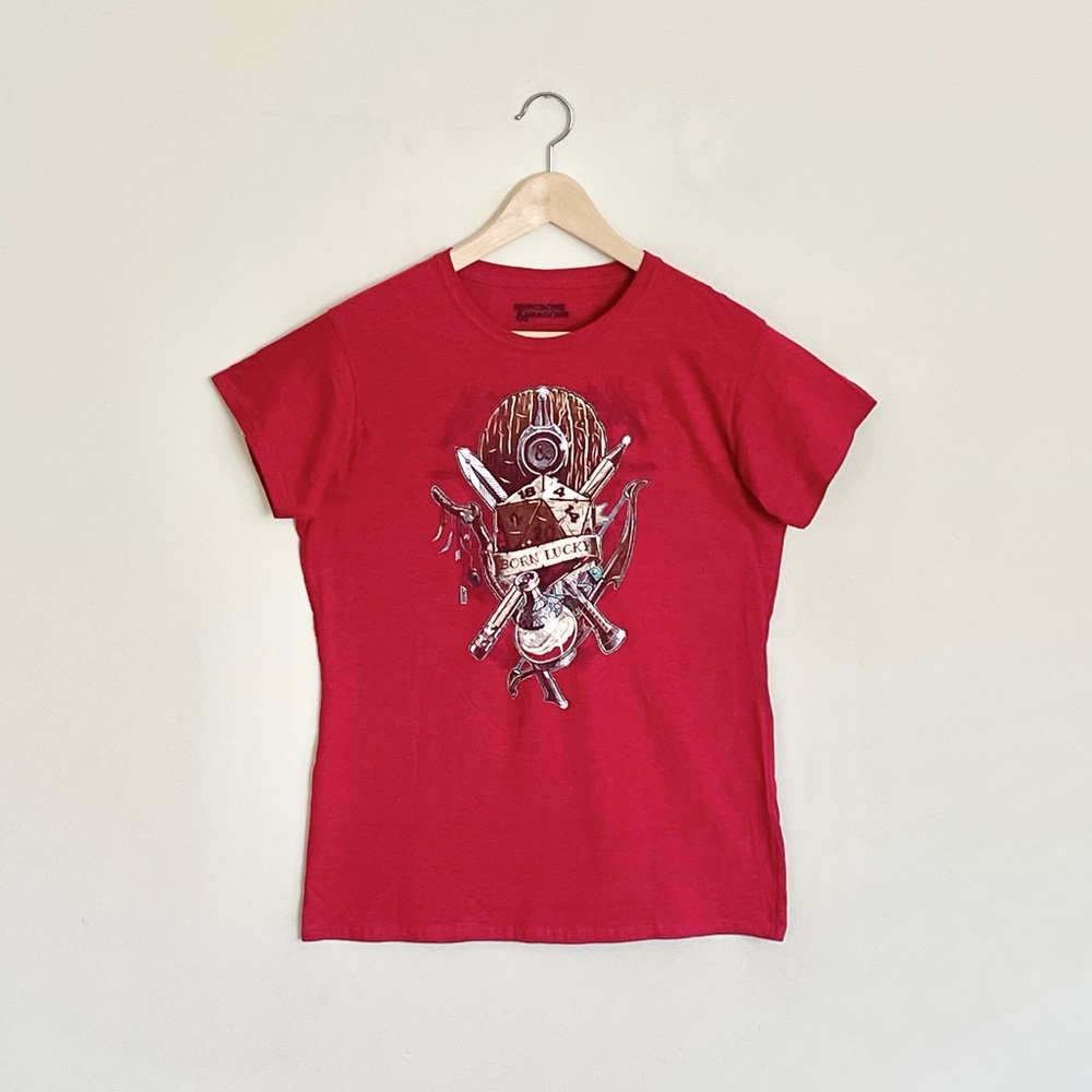 NEW Dungeons & Dragons “Born Lucky” Dice Shield Crest Red T Shirt Women’s XL
